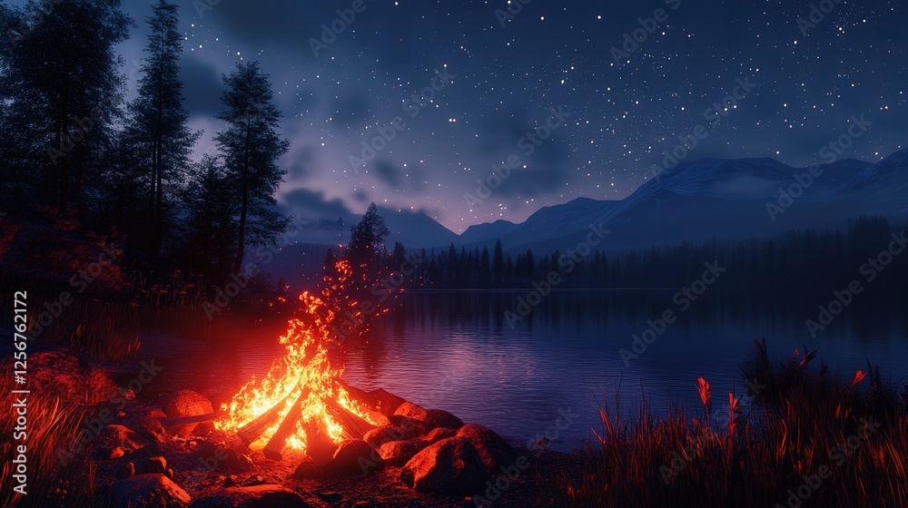 red-hot coals in a campfire by the lake, the flickering flames and glowing embers casting a soft light against the cool night sky and still waters red-hot coals in a campfire by the lake, the flickering flames and glowing embers casting a soft light against the cool night sky and still waters
