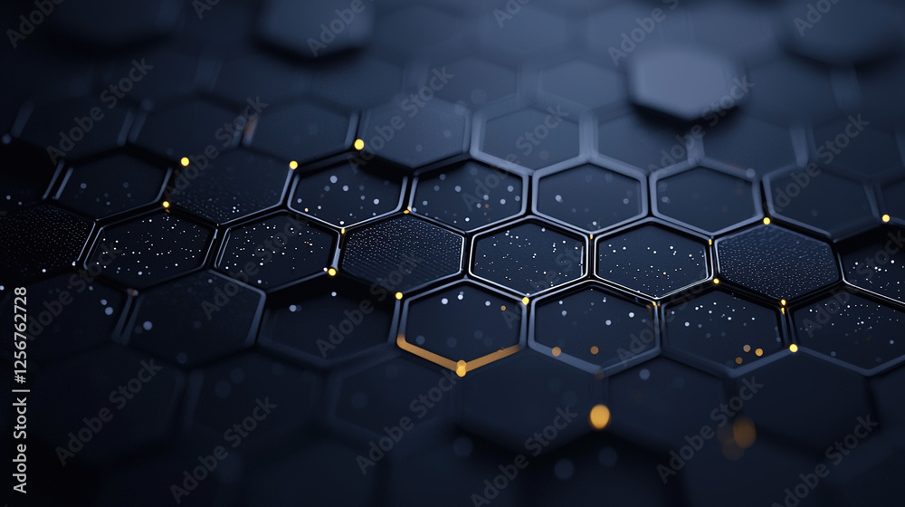 Fototapeta premium Hexagonal abstract metal background with glowing elements, futuristic design perfect for industrial or modern digital themes. 