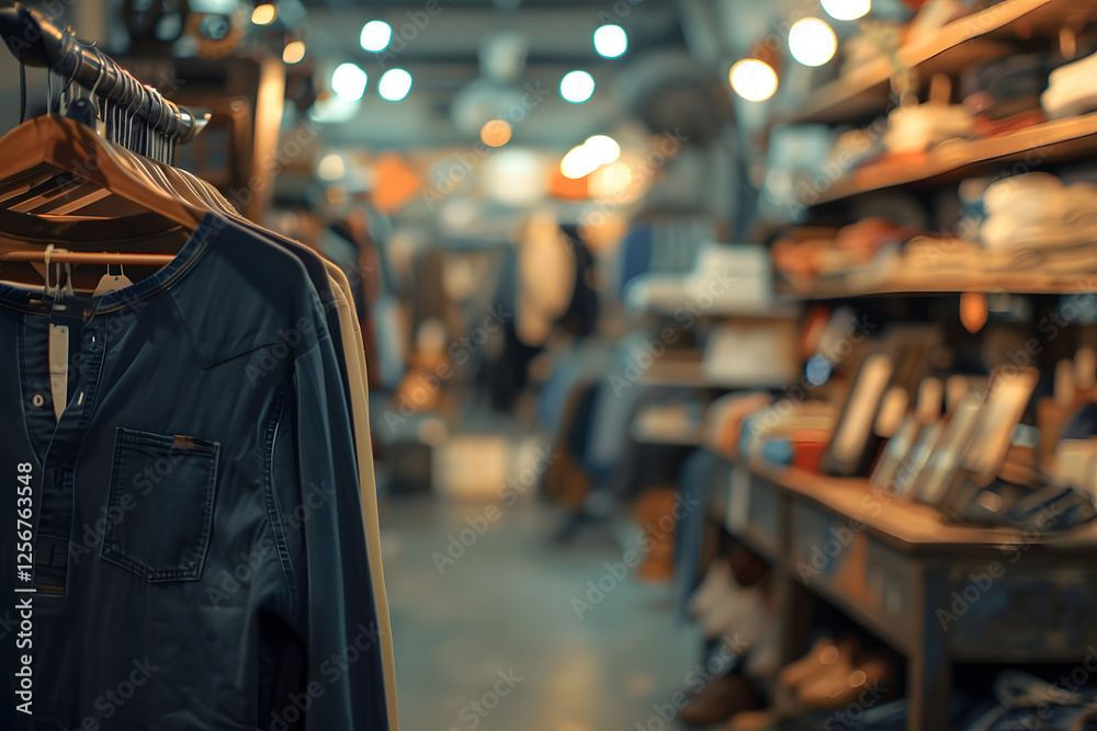 Obraz premium Dark Blue Long-Sleeve Shirt on Hanger in Clothing Store