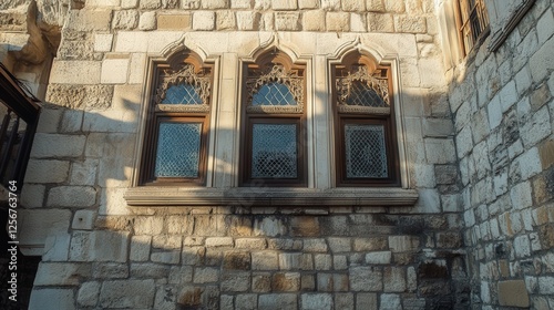 stone walls in Konya, with detailed windows framed by intricate stonework, showcasing the blend of history