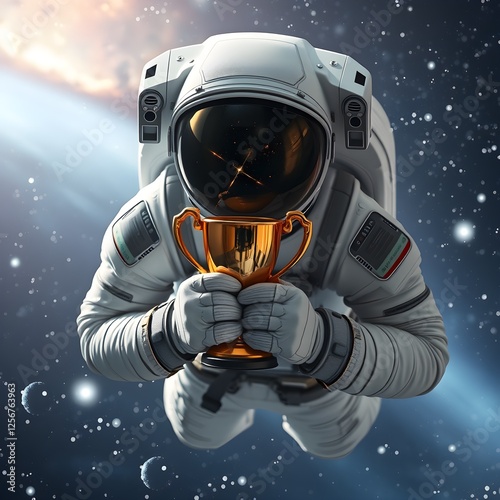 Astronaut Holding Trophy Floating in Space