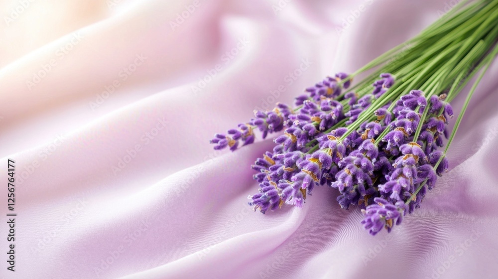 Fototapeta premium Fresh lavender bouquet on soft pink fabric