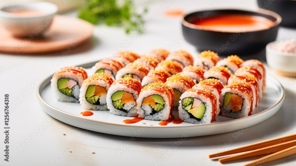 Elegant sushi presentation with vibrant garnishes and modern arrangement Elegant sushi presentation with vibrant garnishes and modern arrangement