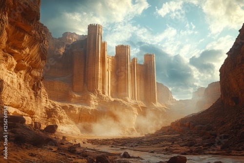 Desert canyon castle sunset fantasy game background