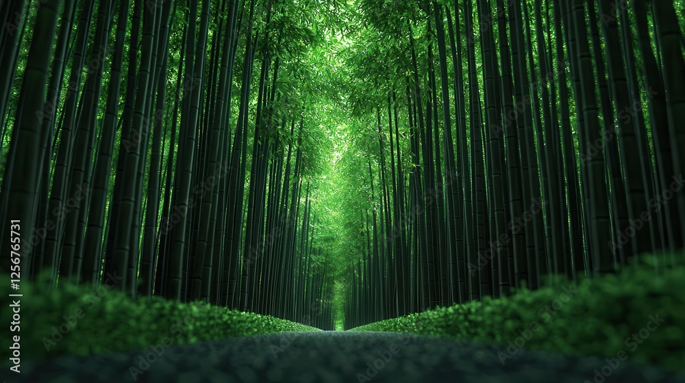 Fototapeta premium A long path of green trees with a few bushes in the foreground