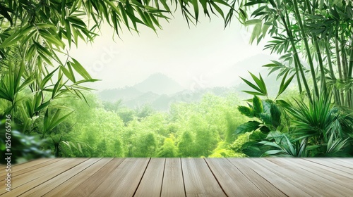 A lush green forest with a wooden platform in the middle