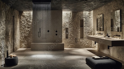 Luxurious stone shower room with double vanity, indoor relaxation.  Use Interior design, architecture.