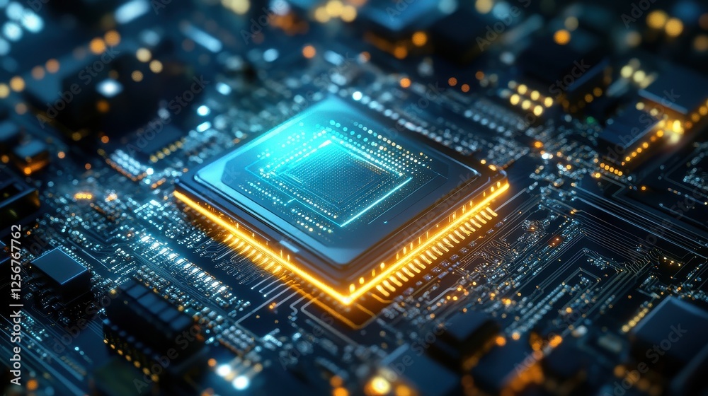 Quantum Processor Glowing Under Swirling Holographic Background Quantum Processor Glowing Under Swirling Holographic Background