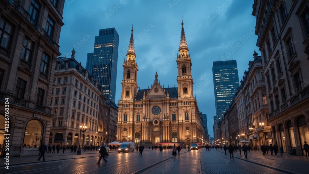 Fototapeta premium A bustling European city street at twilight, showcasing a grand church with illuminated spires, and modern high-rise buildings.