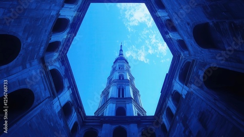 Mole Antonelliana in the center of Turin, with a striking blue sky illuminating its iconic spire and historic facade.