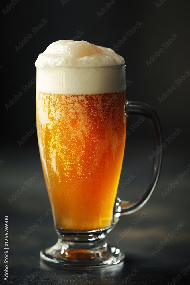 Glass of beer with bubbles standing on dark surface Glass of beer with bubbles standing on dark surface