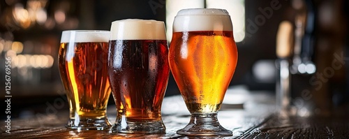 Three glasses of cold beer resting on a bar top
