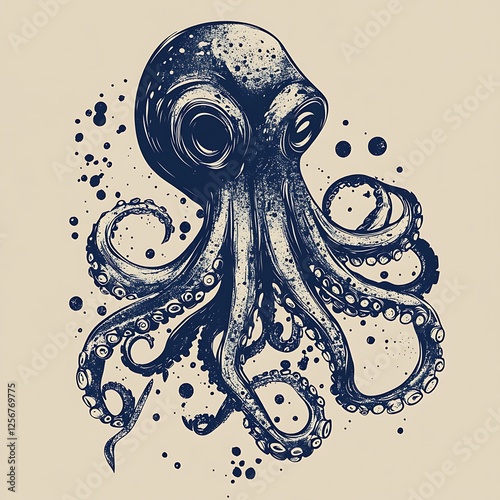 Ink drawing of an octopus, artistic style, nautical theme, poster design photo