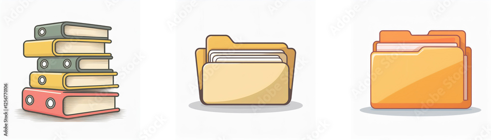 Stack of colorful binders and document folders icons, in yellow and orange, representing file organization and data management. Stack of colorful binders and document folders icons, in yellow and orange, representing file organization and data management.