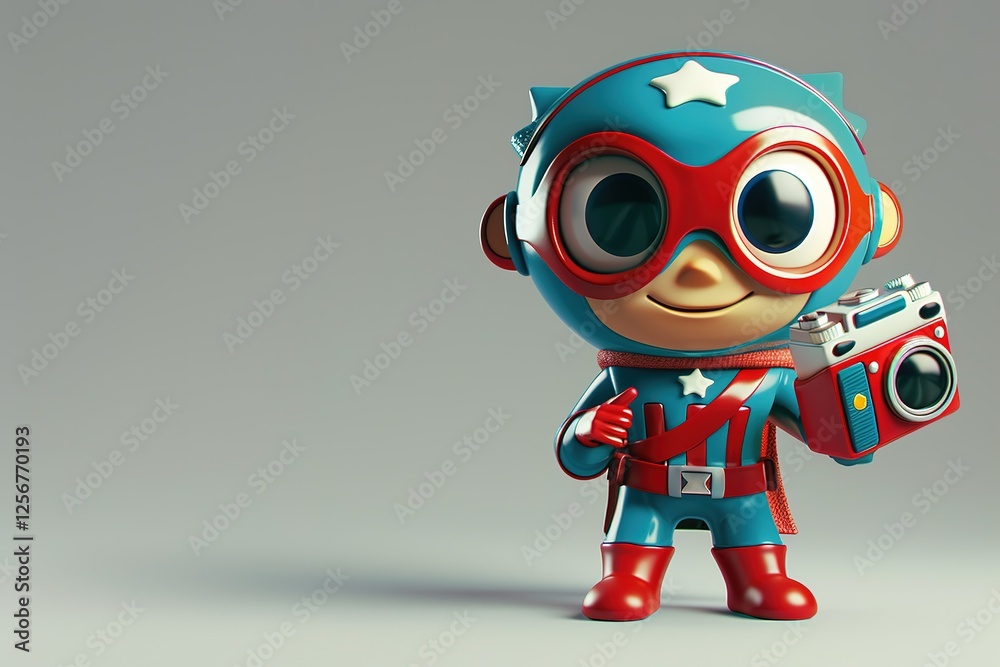 Fototapeta premium Superhero toy holding camera in colorful superhero suit giving thumbs up on grey background