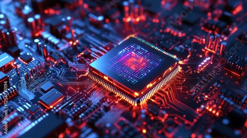 Quantum Core Glowing Under Floating Digital Circuit