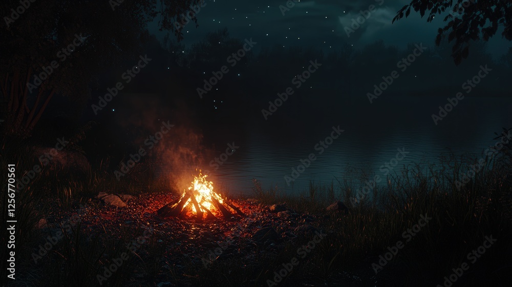 campfire burning with red coals near a peaceful lake at night, the firelight illuminating the dark surroundings and creating a cozy ambiance in nature campfire burning with red coals near a peaceful lake at night, the firelight illuminating the dark surroundings and creating a cozy ambiance in nature