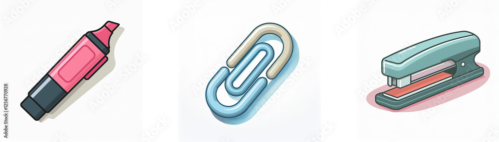 Three stationery tools: a pink marker, a blue paperclip, and a green stapler for office, school, or home organization needs. Three stationery tools: a pink marker, a blue paperclip, and a green stapler for office, school, or home organization needs.
