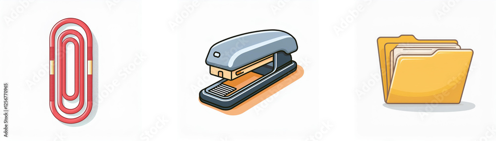A red paper clip, gray stapler, and yellow folder are displayed on a white backdrop, representing common office or school supplies for organizing documents. A red paper clip, gray stapler, and yellow folder are displayed on a white backdrop, representing common office or school supplies for organizing documents.