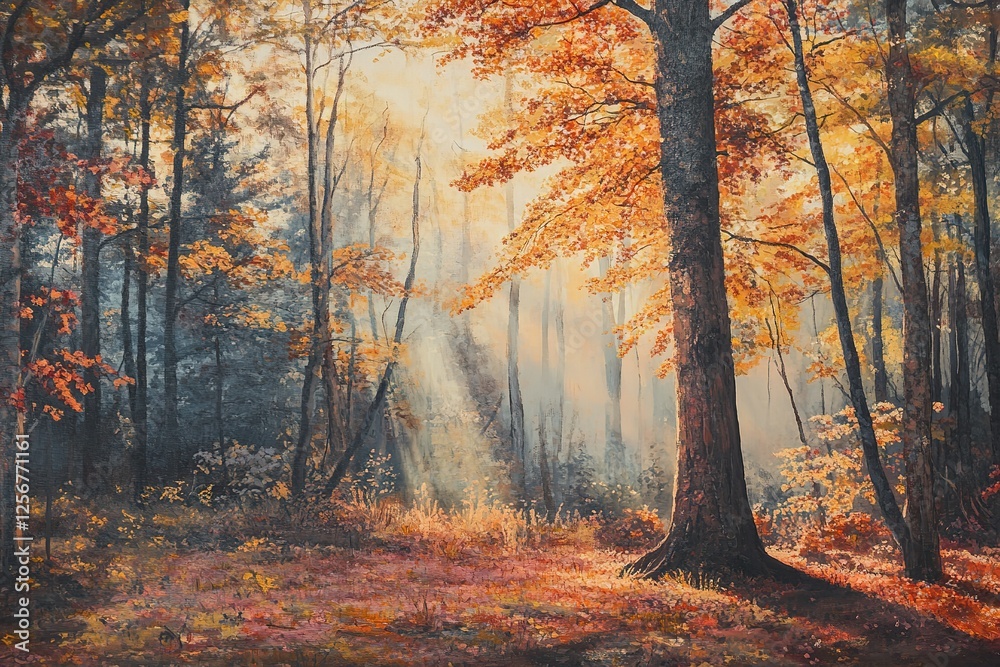 Fototapeta premium Autumnal Forest: Sunlight filtering through golden leaves in a serene woodland scene