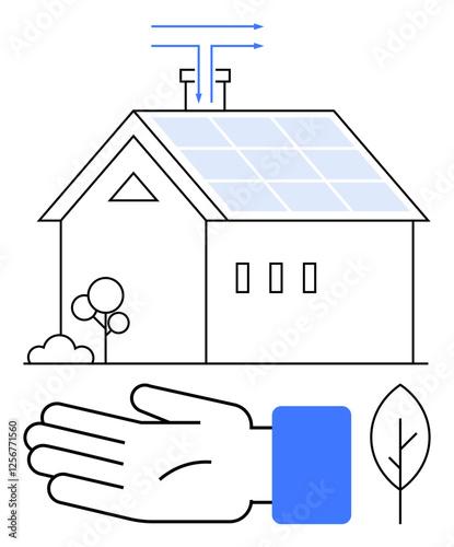 House with solar panels, hand, trees, and leaf symbol. Ideal for sustainability, renewable energy, environmental protection, clean living green technology ecological balance and efficiency. Line photo