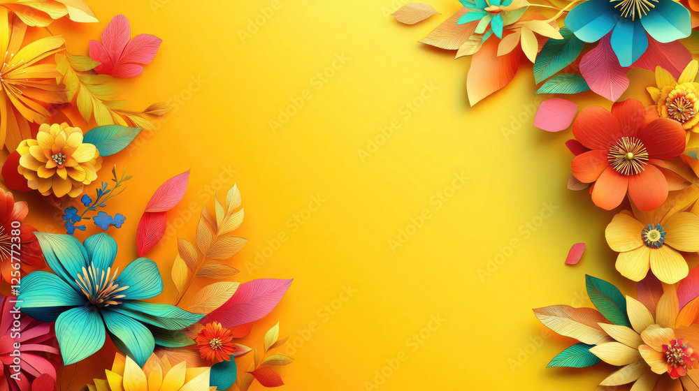Obraz premium Vibrant Paper Flowers on Yellow Background Bright Summer Floral Design Festive Colorful Papercraft Botanical Illustration