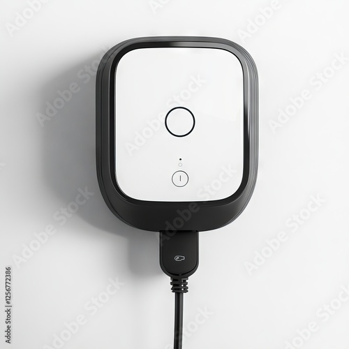 A wall-mounted electric vehicle charger with a white face and a black casing.