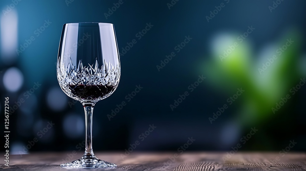 Obraz premium Elegant wine glass filled with red wine on a wooden table, blurred background with greenery