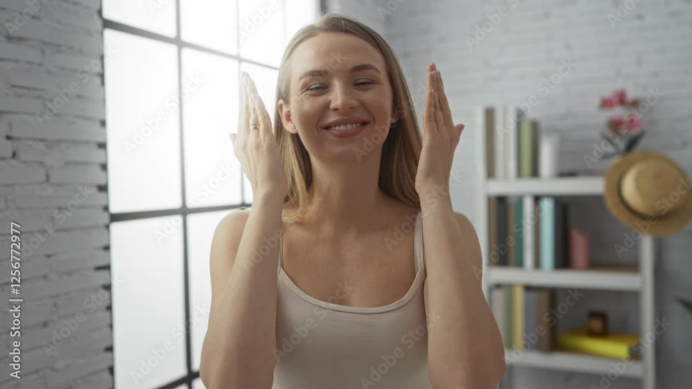 Woman smiling indoors with hands covering face reveals joy in bright apartment living room featuring modern decor. Woman smiling indoors with hands covering face reveals joy in bright apartment living room featuring modern decor.
