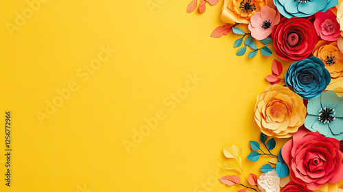 Vibrant Paper Flowers on Yellow Background Delightful Floral Arrangement Colorful Papercraft