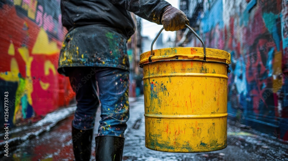 Artist carries paint bucket in graffiti alley Artist carries paint bucket in graffiti alley