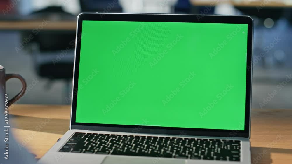 Student watching green screen laptop at modern apartment workplace closeup.