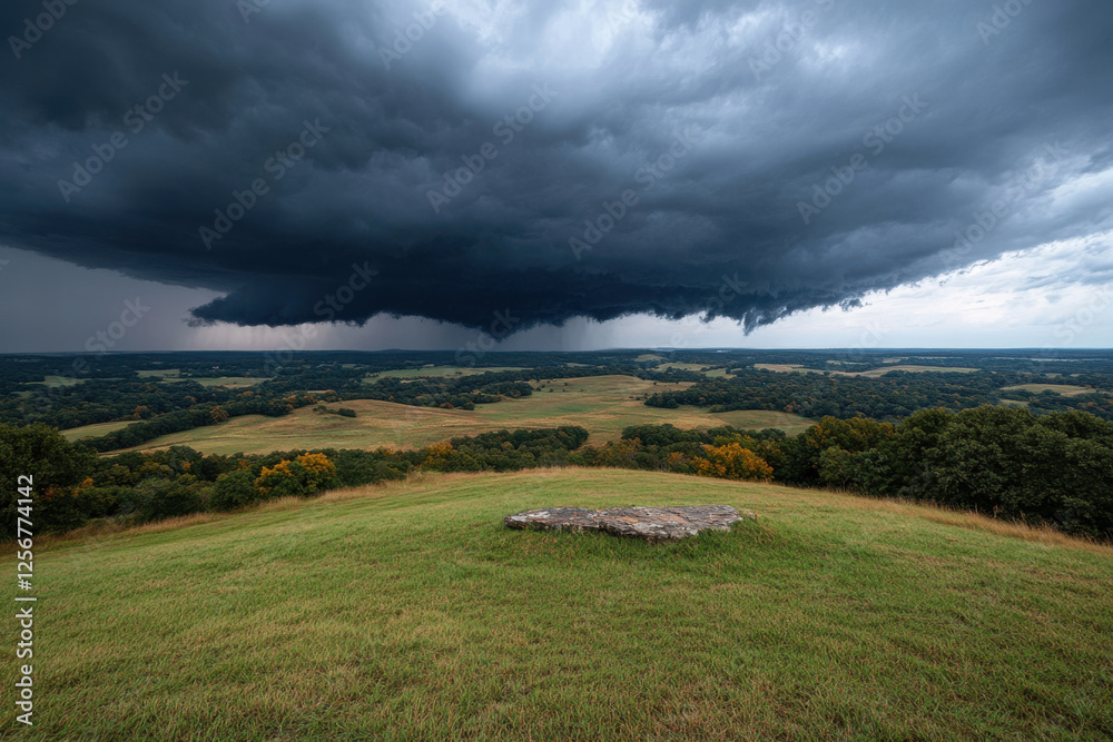 A large storm cloud looms over a grassy field A large storm cloud looms over a grassy field