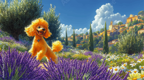 Joyful Poodle Frolicking in Vibrant Lavender Field with Daisies and Scenic Mediterranean Village Landscape Surrounded by Olive Trees and Cypress under Blue Sky