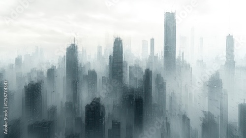 A foggy city skyline with towering skyscrapers shrouded in mist, creating a mysterious atmosphere photo