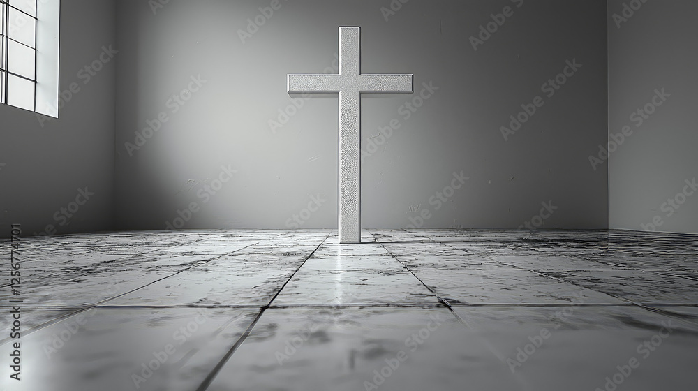 Naklejka premium Minimalist grayscale image of a large white cross in an empty room with a window and worn floor.