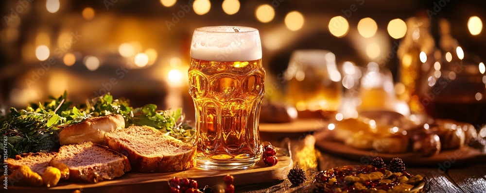 Glass of beer standing on table with bread and pretzels in warmly lit setting Glass of beer standing on table with bread and pretzels in warmly lit setting