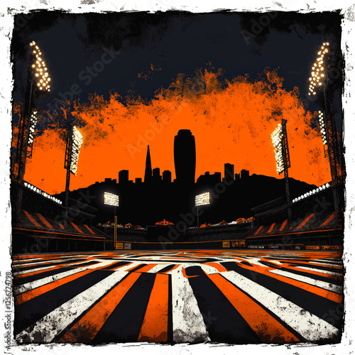 Dynamic Urban Baseball Stadium Vector Art with Orange Skyline and Cityscape Silhouette Under Bright Stadium Lights - Perfect for Sports Event Promotions