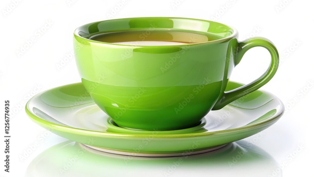 Fototapeta premium Green Teacup and Saucer on White Background