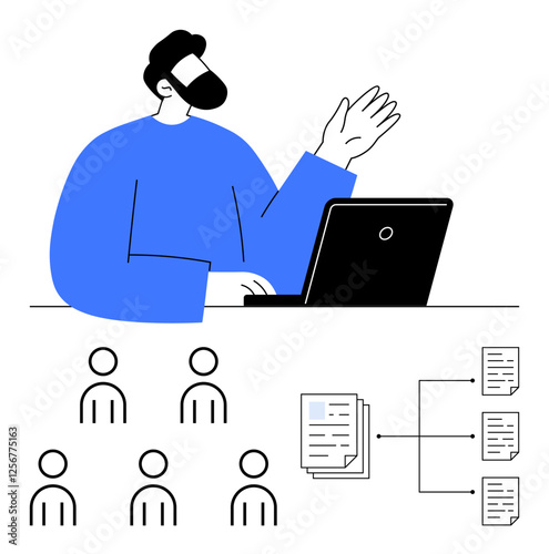 Man at laptop seven user icons, file flowchart. Ideal for remote work, communication, document management, teamwork, collaboration, digital workflow, organization. Line metaphor