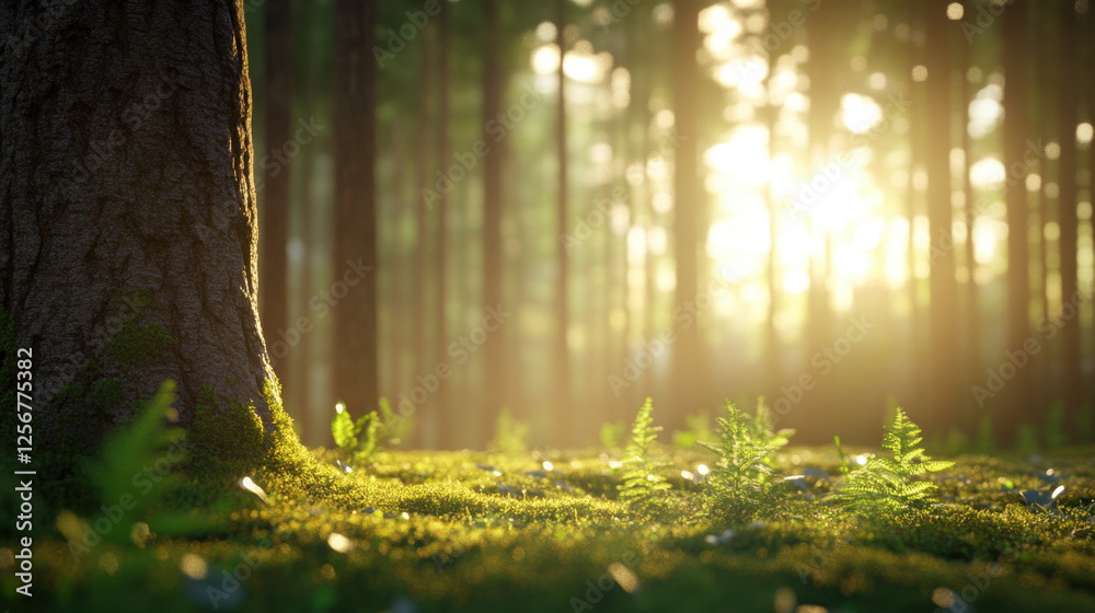 Obraz premium serene forest scene featuring sunlight filtering through trees, illuminating ferns on forest floor. tranquil atmosphere evokes sense of peace and connection with nature