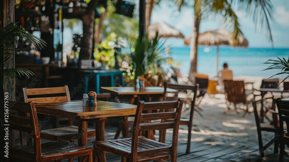 Fototapeta premium Cozy Beachside Restaurant with Wooden Furniture and Ocean View