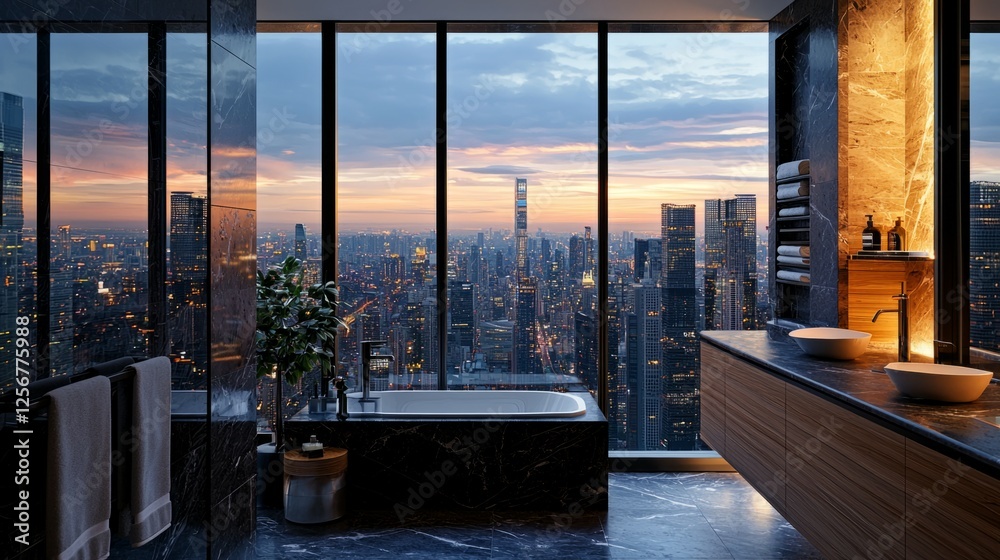 Fototapeta premium Luxurious bathroom with city skyline view at sunset in modern design
