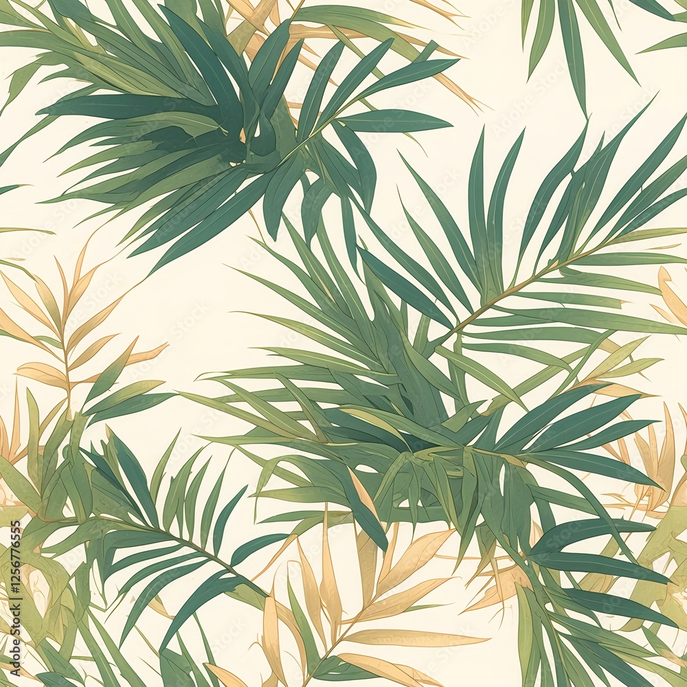 Fototapeta premium Seamless pattern featuring minimalist tropical palm leaves and foliage in green, gold, and sunset orange