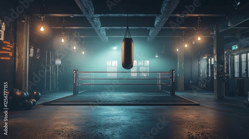 Atmospheric Boxing Gym with Punching Bag and Soft Misted Lighting