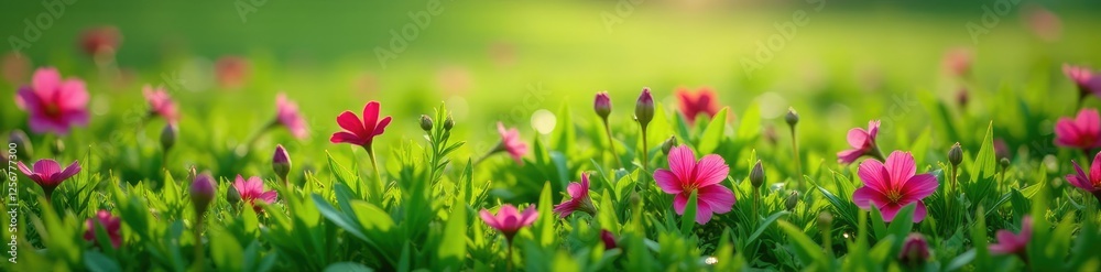 Rich plum-colored blooms scattered across a lush green lawn, wildflowers, natural scenery, floral arrangement Rich plum-colored blooms scattered across a lush green lawn, wildflowers, natural scenery, floral arrangement