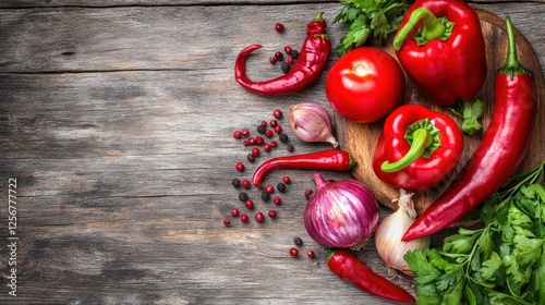 Red peppers, garlic, chili, herbs on rustic wood; cooking background photo