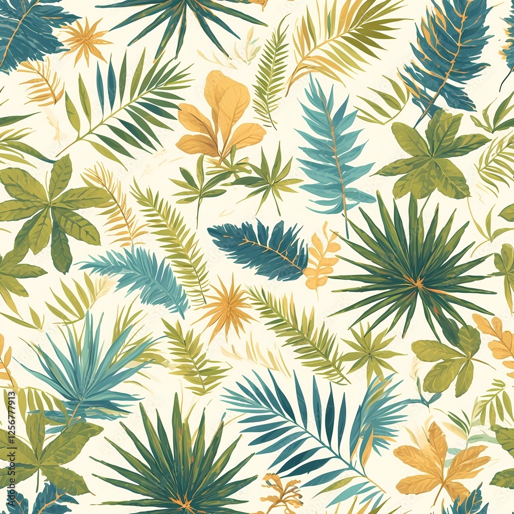 Obraz premium Seamless pattern of palm fronds and leaves in green and gold tones