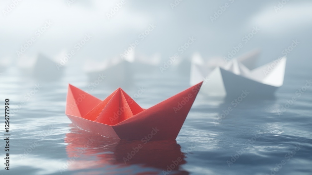 Red paper boat among white boats on water. Red paper boat among white boats on water.