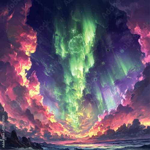 Stunning Vector Art of Vibrant Aurora Borealis over Ocean at Sunset with Colorful Clouds and Abstract Geometric Patterns in Starry Night Sky